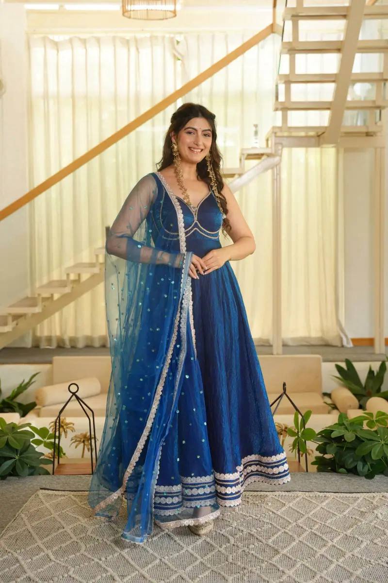 Blue Lace Border Anarkali with Sequin Dupatta