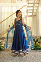 Blue Lace Border Anarkali with Sequin Dupatta