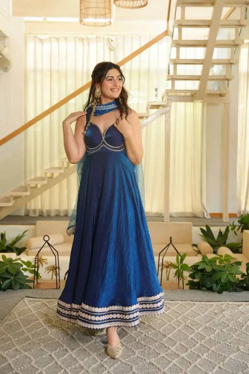 Blue Lace Border Anarkali with Sequin Dupatta