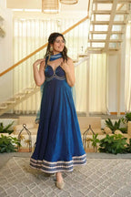Blue Lace Border Anarkali with Sequin Dupatta
