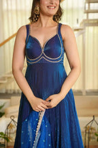 Blue Lace Border Anarkali with Sequin Dupatta
