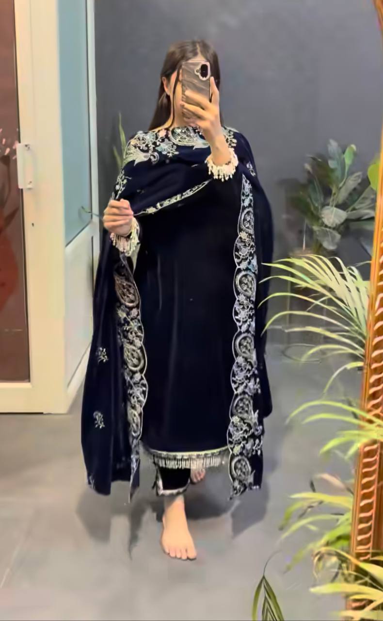 Midnight Noor Velvet Embroidered Suit Set