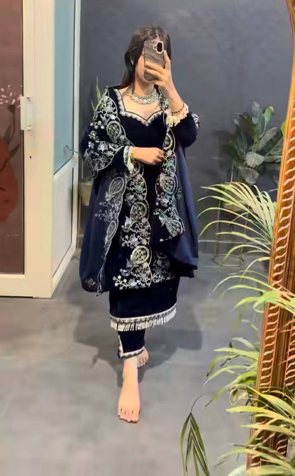 Midnight Noor Velvet Embroidered Suit Set