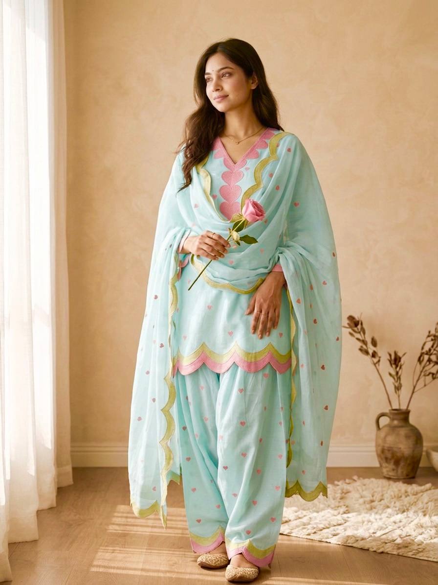 Ivory Pink Heart Printed Suit with Dupatta Set