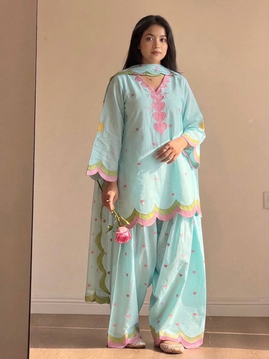 Ivory Pink Heart Printed Suit with Dupatta Set