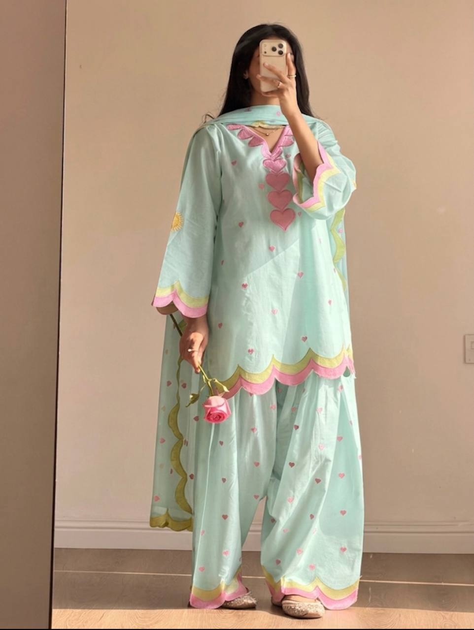 Ivory Pink Heart Printed Suit with Dupatta Set