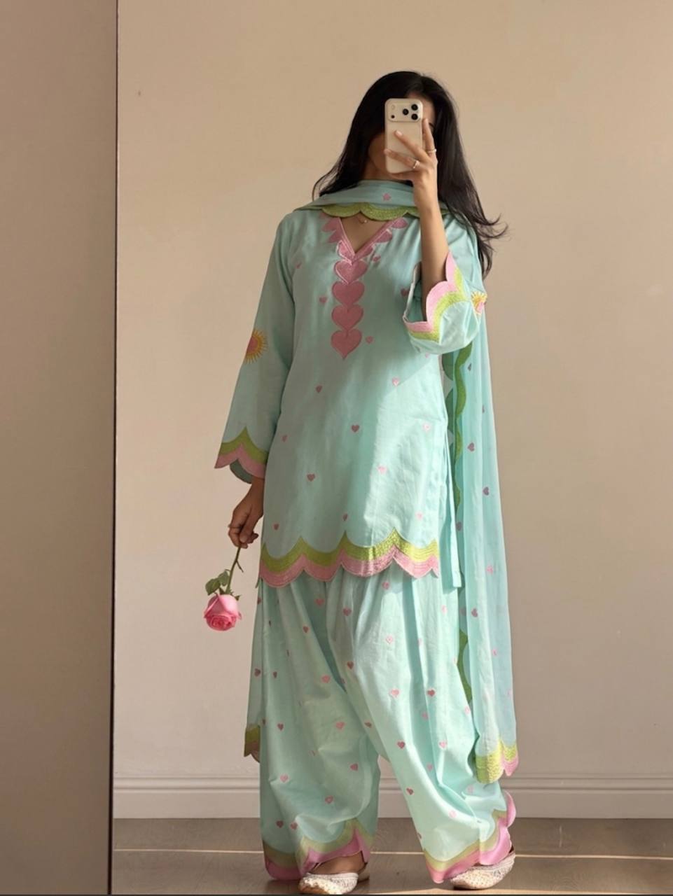 Ivory Pink Heart Printed Suit with Dupatta Set