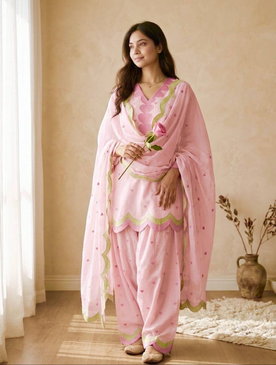 Ivory Pink Heart Printed Suit with Dupatta Set