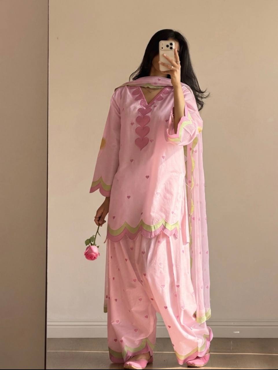 Ivory Pink Heart Printed Suit with Dupatta Set