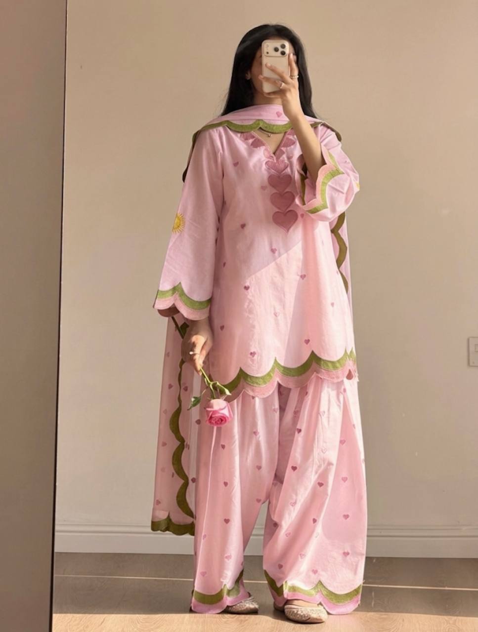 Ivory Pink Heart Printed Suit with Dupatta Set