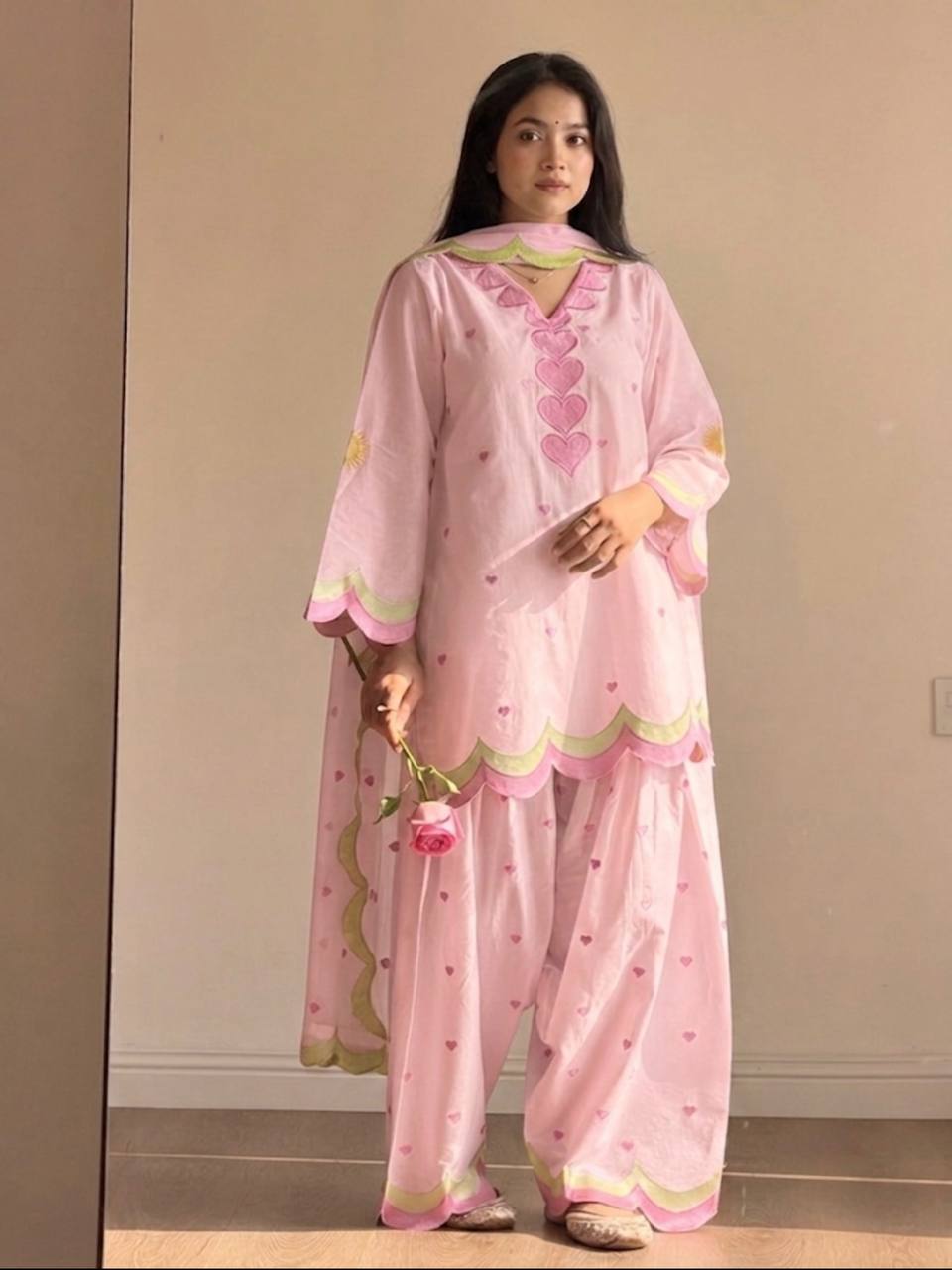 Ivory Pink Heart Printed Suit with Dupatta Set