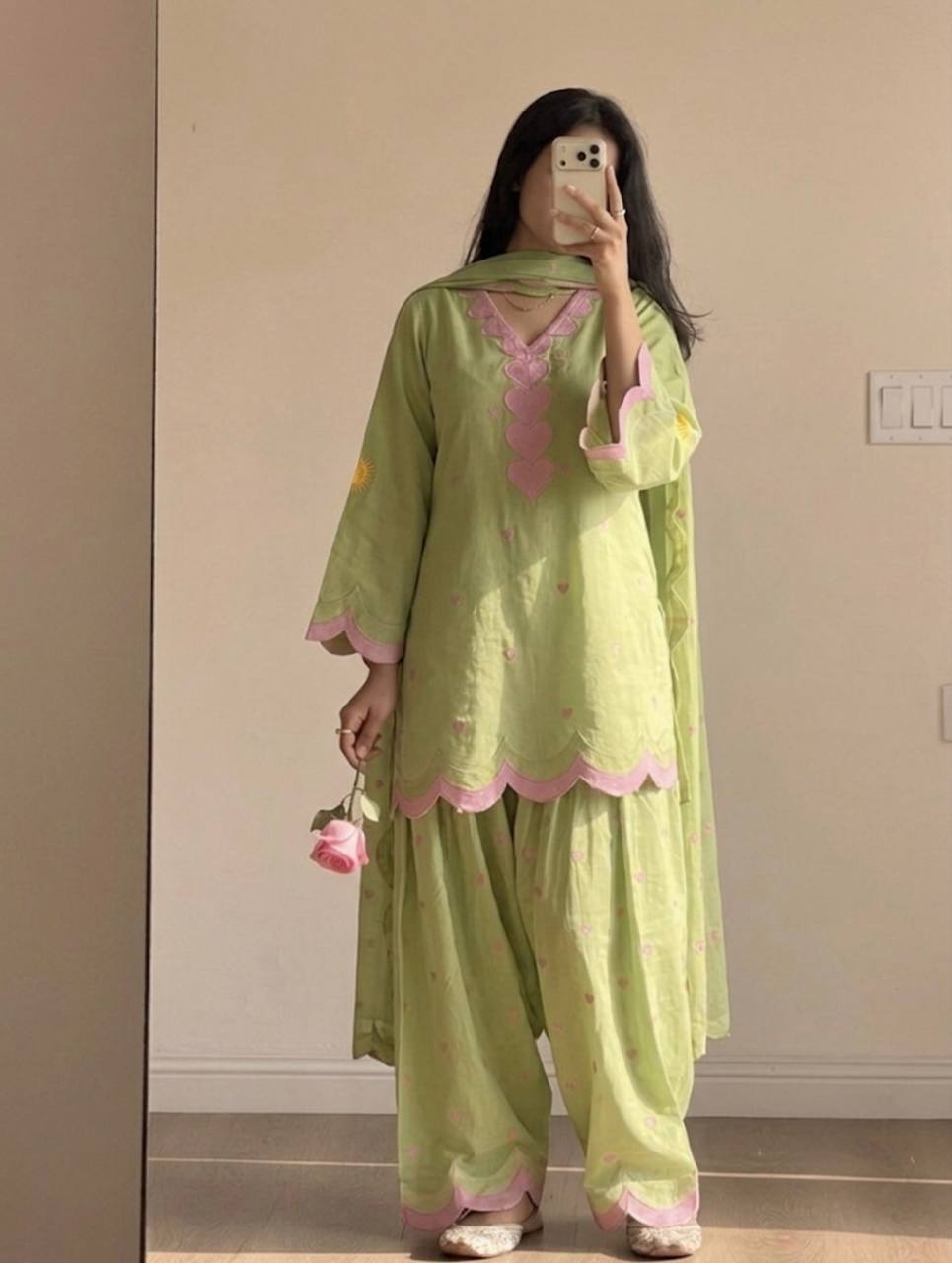 Ivory Pink Heart Printed Suit with Dupatta Set