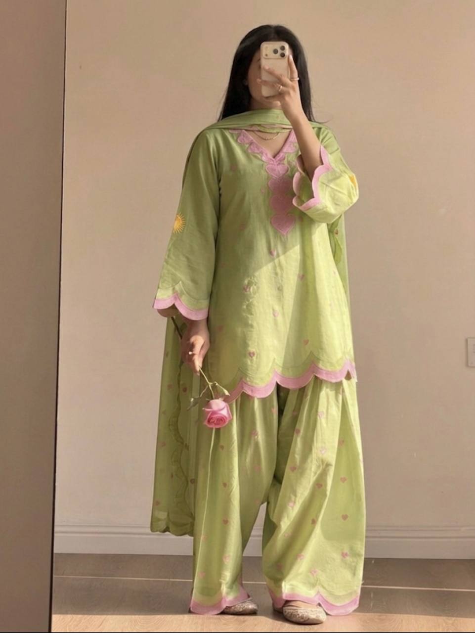 Ivory Pink Heart Printed Suit with Dupatta Set