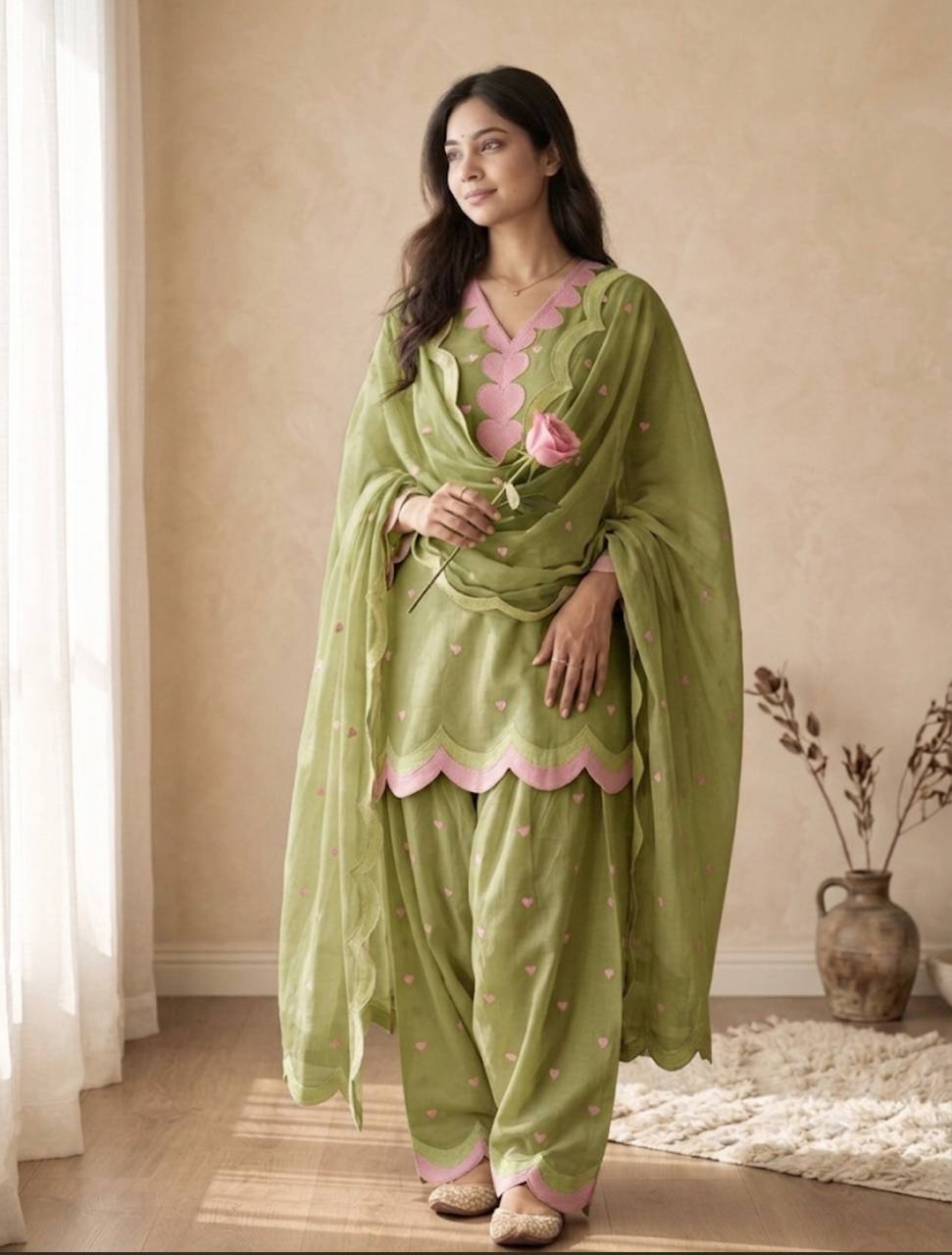 Ivory Pink Heart Printed Suit with Dupatta Set