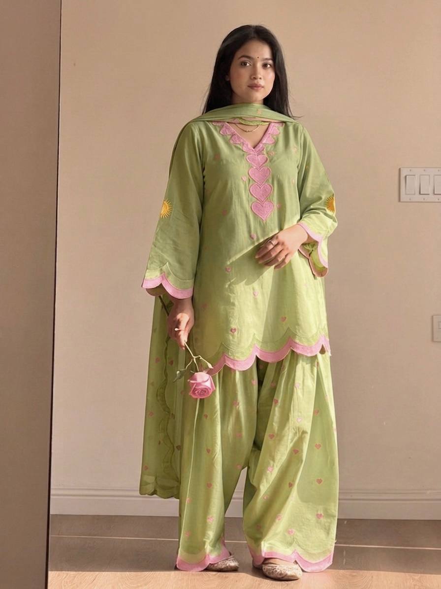 Ivory Pink Heart Printed Suit with Dupatta Set