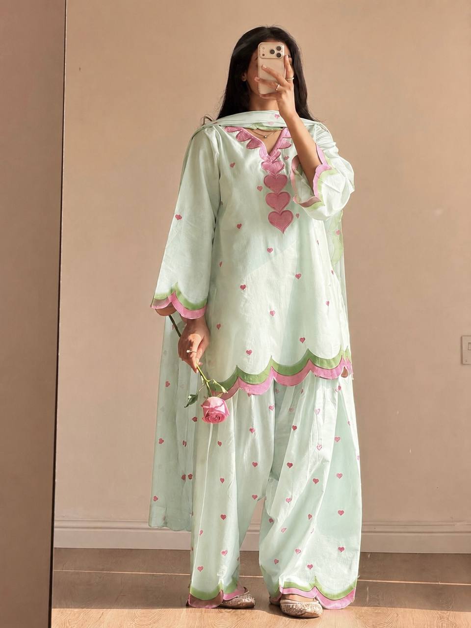 Ivory Pink Heart Printed Suit with Dupatta Set