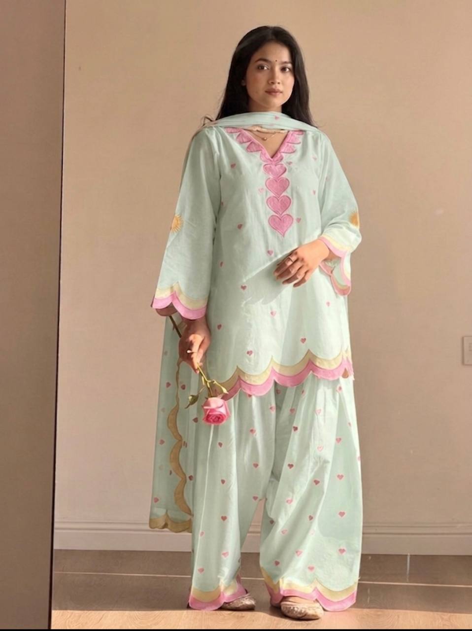 Ivory Pink Heart Printed Suit with Dupatta Set