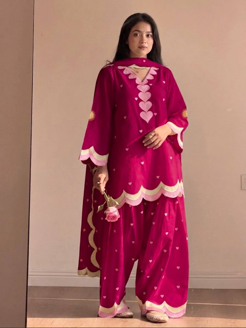Ivory Pink Heart Printed Suit with Dupatta Set