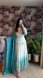 Yavira Aqua Drape Anarkali Suit Set
