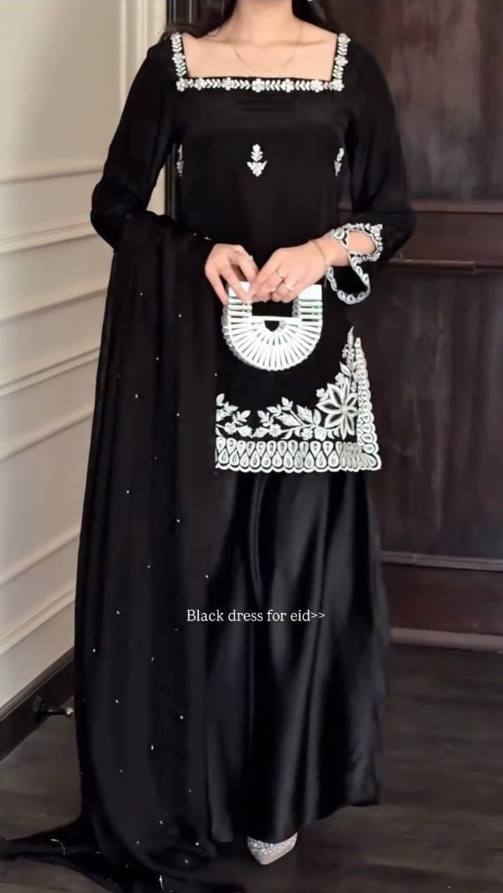 ZYARA STYLISH BLACK KURTA PLAZO SUIT SET