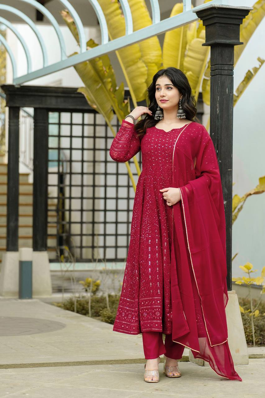 SIMRAN'S MAROON EMBROIDERED GEORGETTE SUIT SET