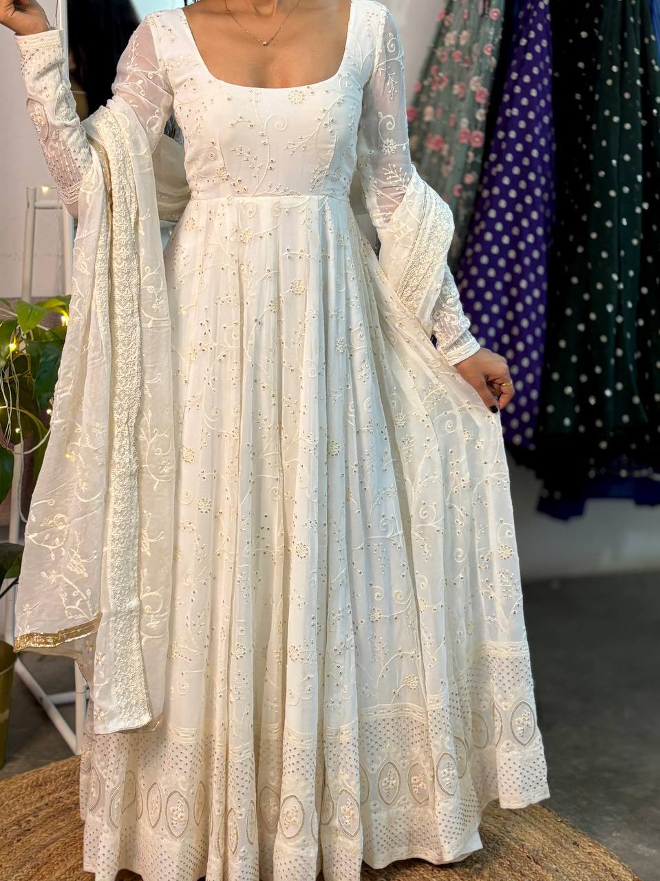 Ameira White Anarkali Suit Set