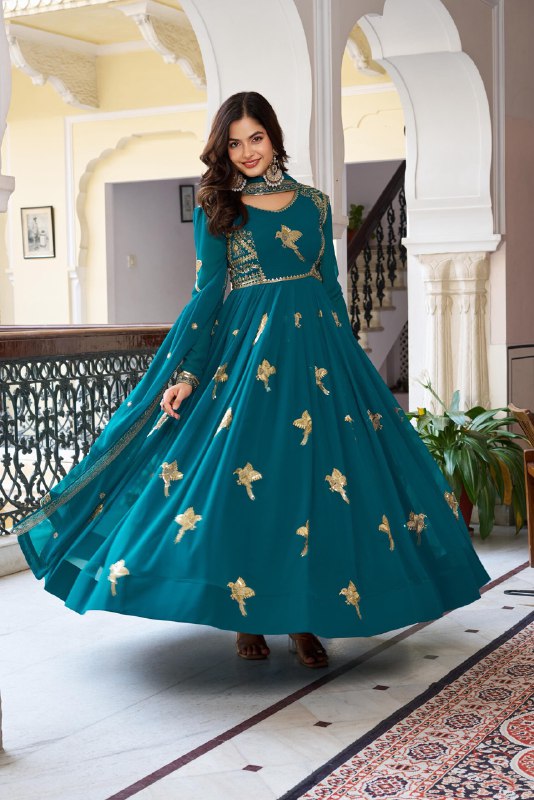 Tavira Regal Teal Bloom Anarkali Suit Set