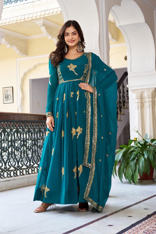 Tavira Regal Teal Bloom Anarkali Suit Set