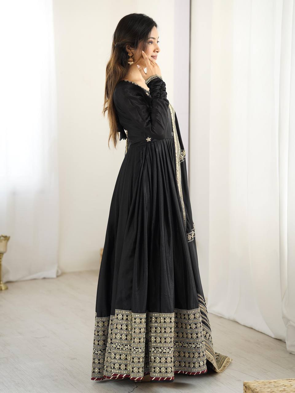 Luxury Black Gold Wedding Anarkali Suit Set