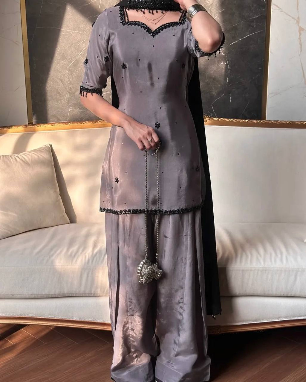 Moonstone Grey Elegant Embroidery Kurta Plazo Suit Set