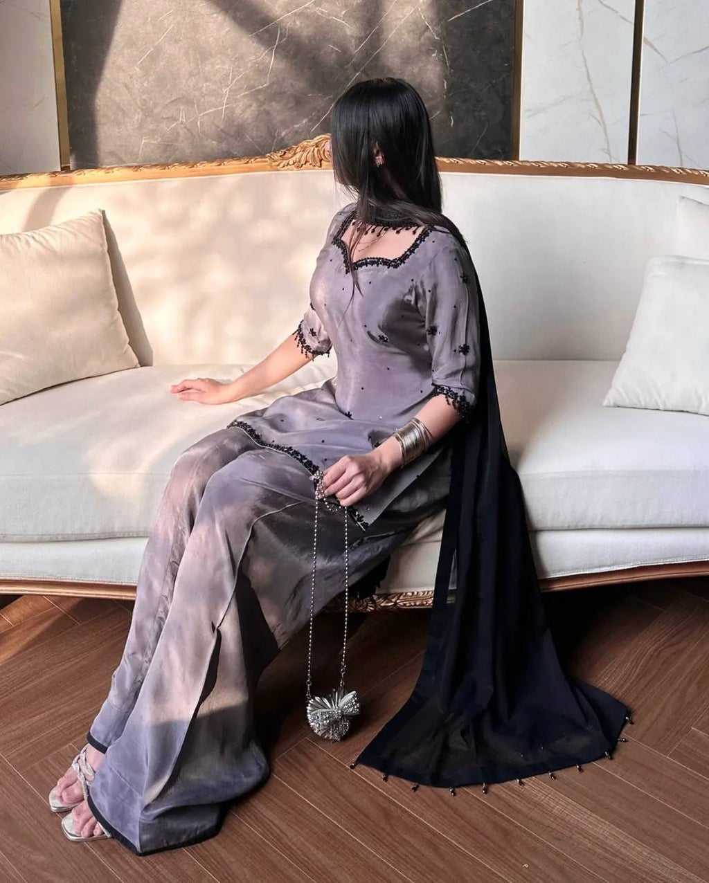 Moonstone Grey Elegant Embroidery Kurta Plazo Suit Set