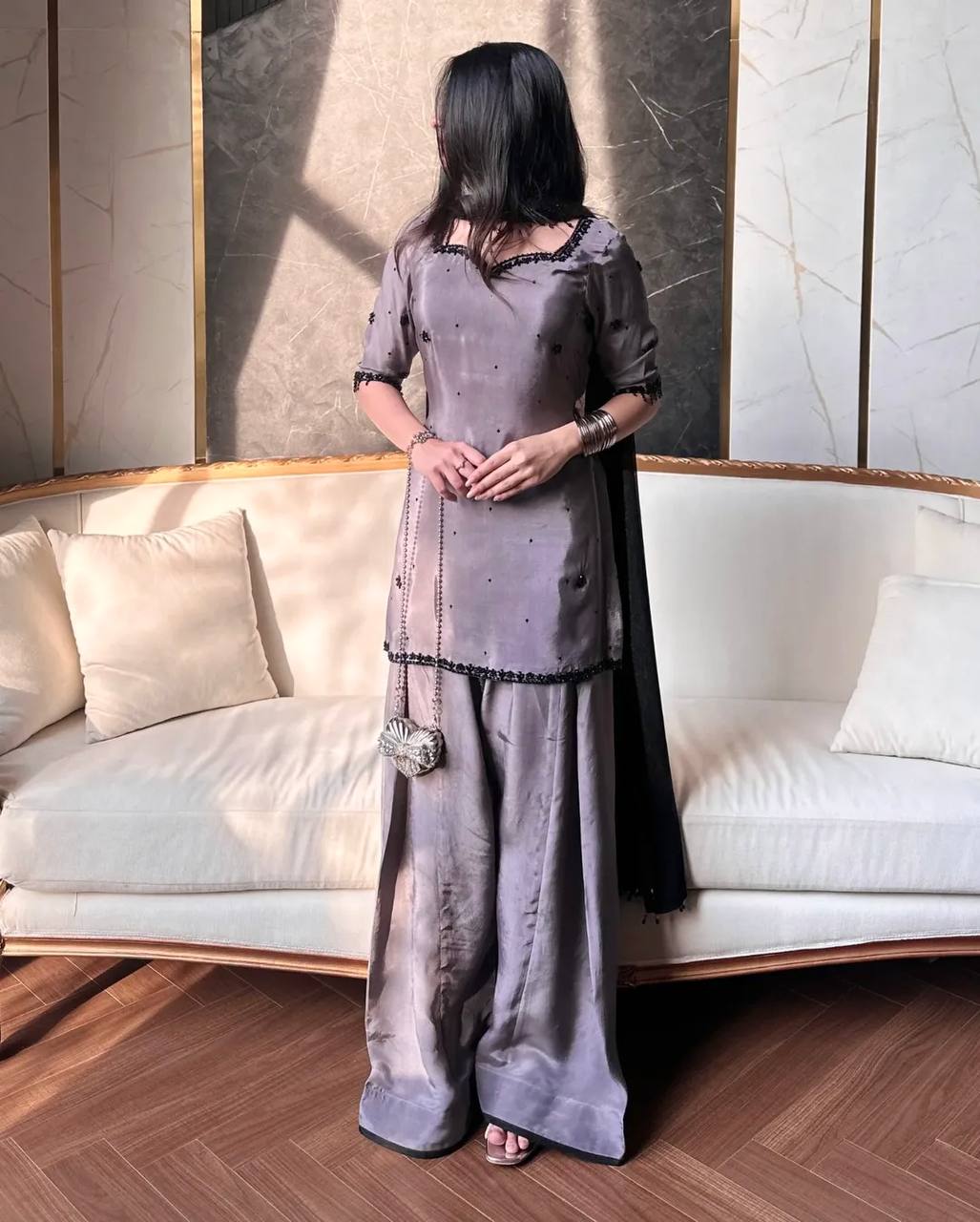 Moonstone Grey Elegant Embroidery Kurta Plazo Suit Set
