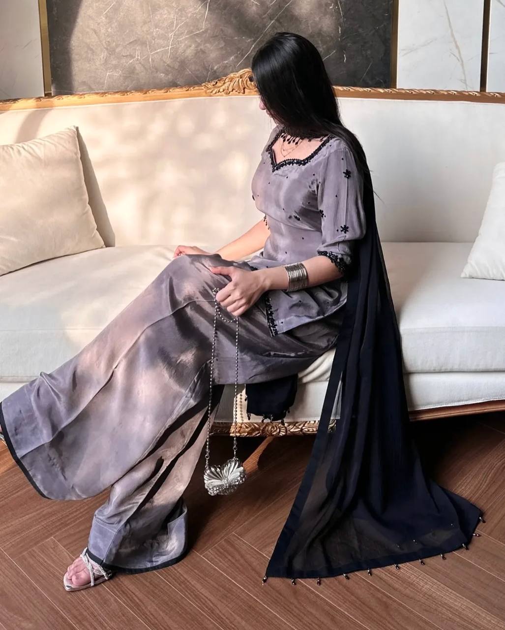 Moonstone Grey Elegant Embroidery Kurta Plazo Suit Set