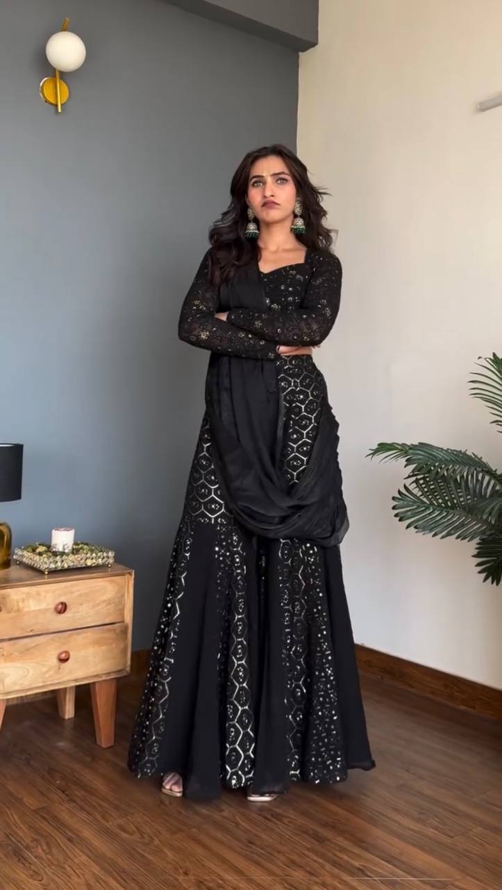 ZAVIYA BLACK PLAZZO WITH READY TO WEAR SAREE SUIT SET