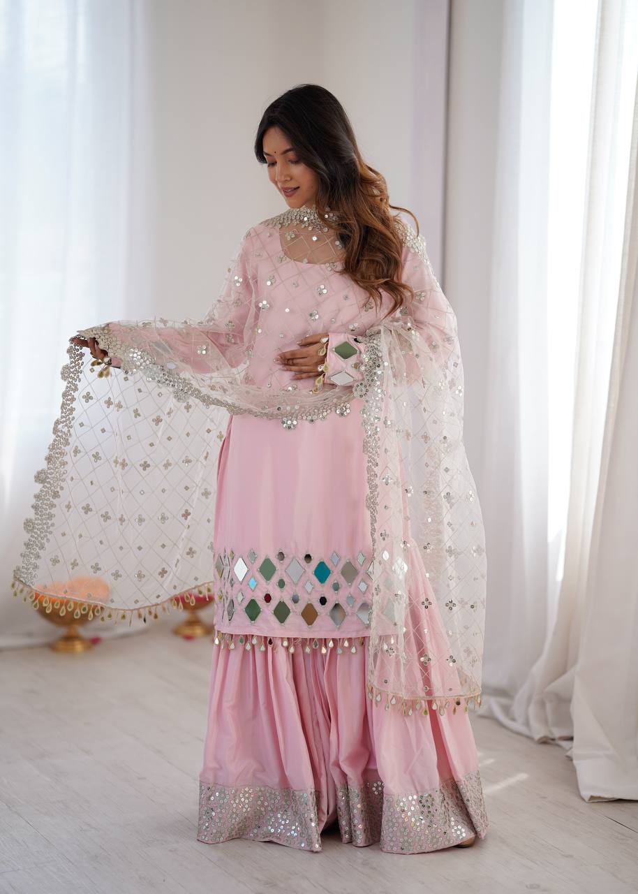 Rose Glow Designer Mirror Work Ethnic Sharara Suit Set