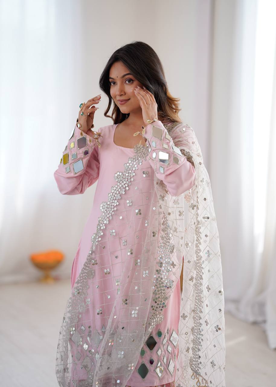 Rose Glow Designer Mirror Work Ethnic Sharara Suit Set