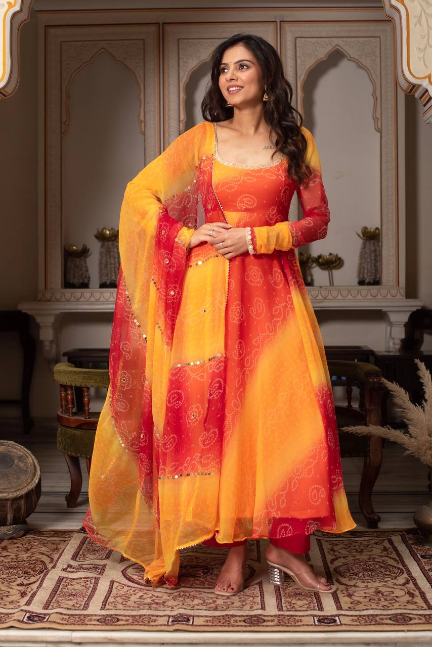 Kesariya Noor Bandhani Anarkali Suit Set