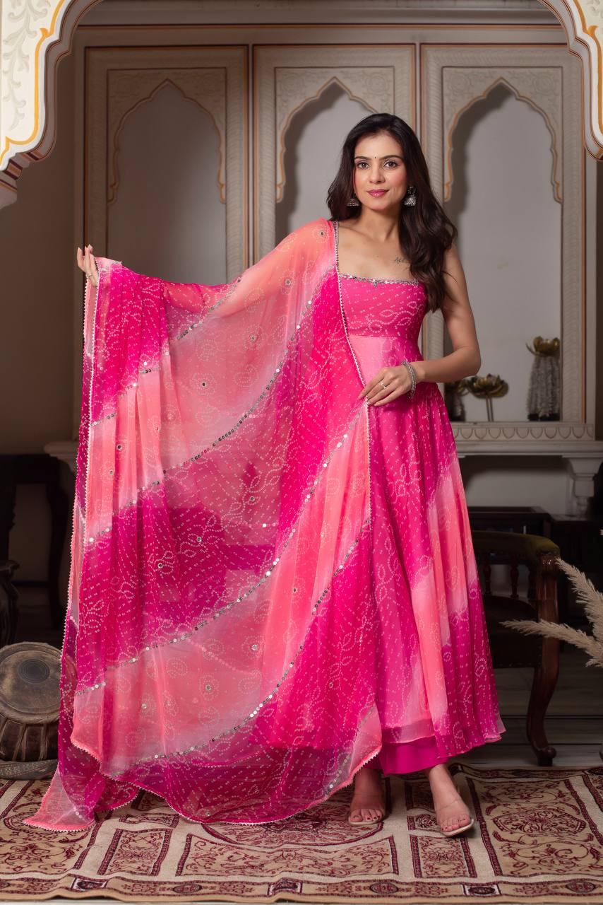 Rangrisha Pink Leheriya Anarkali Set