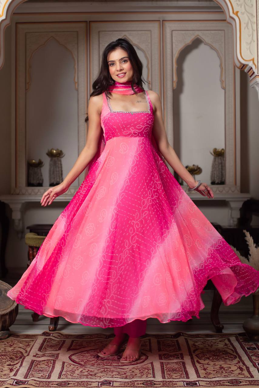 Rangrisha Pink Leheriya Anarkali Set