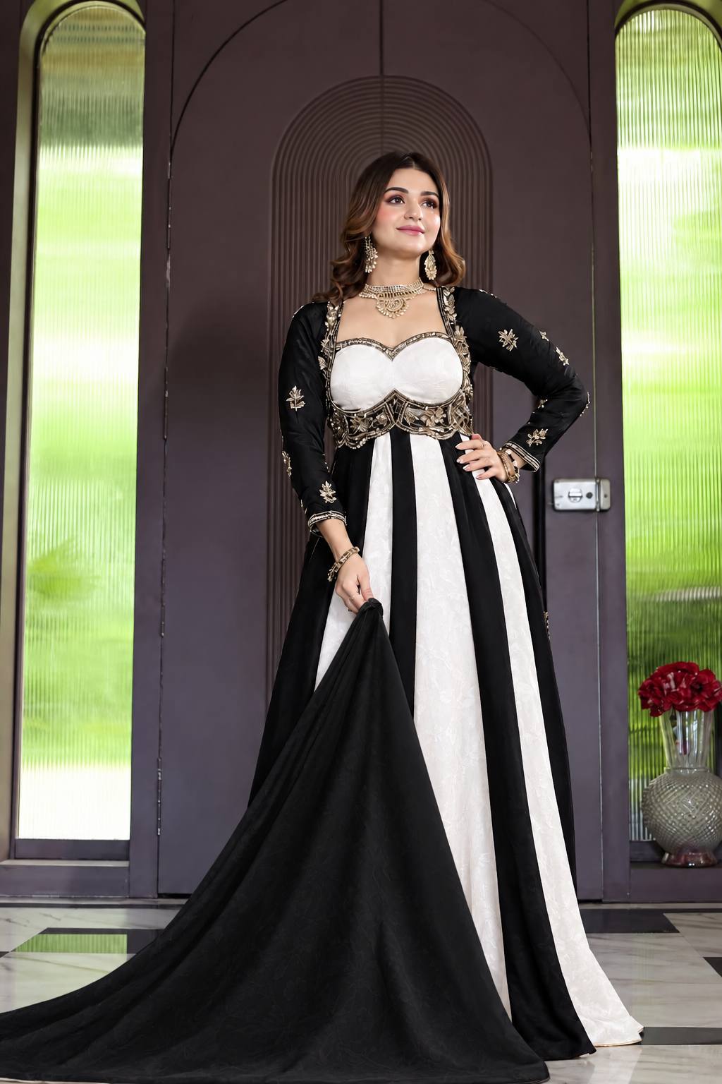Noir Royale And White Embroidered Anarkali Suit Set