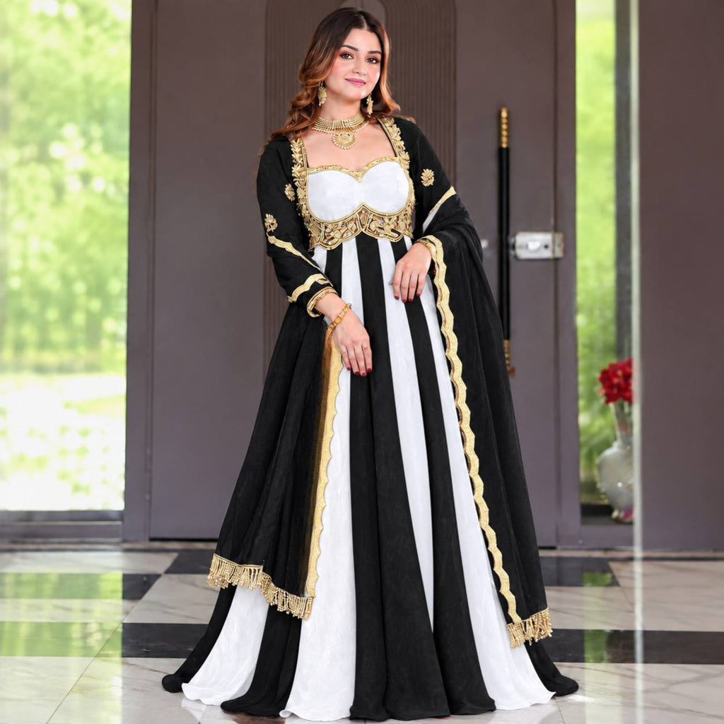 Noir Royale And White Embroidered Anarkali Suit Set