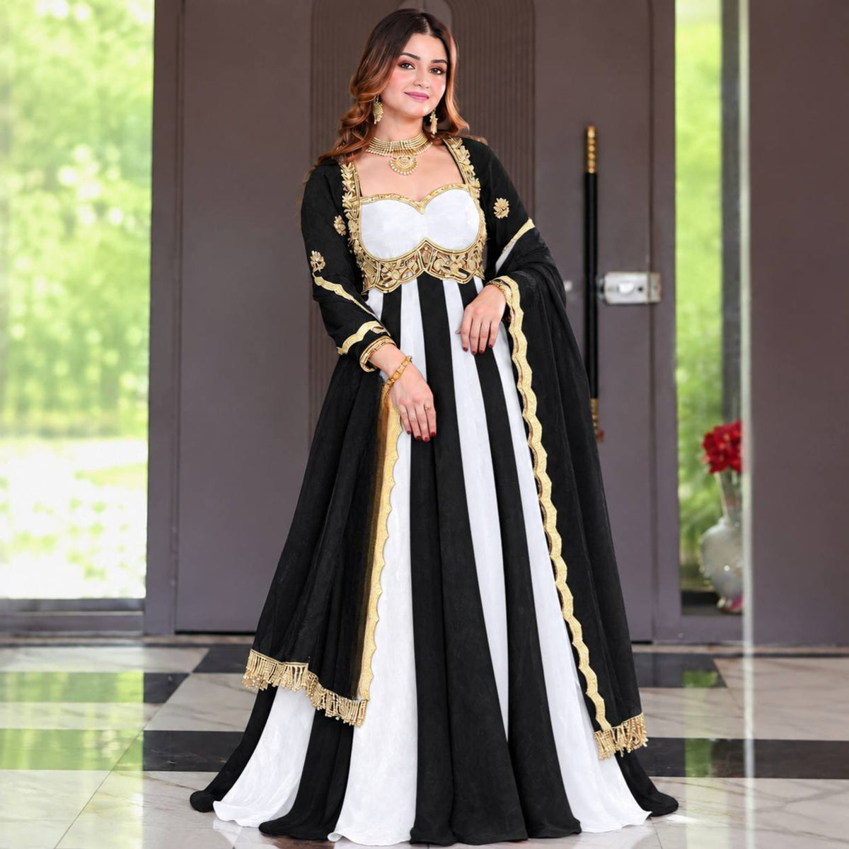 Noir Royale And White Embroidered Anarkali Suit Set