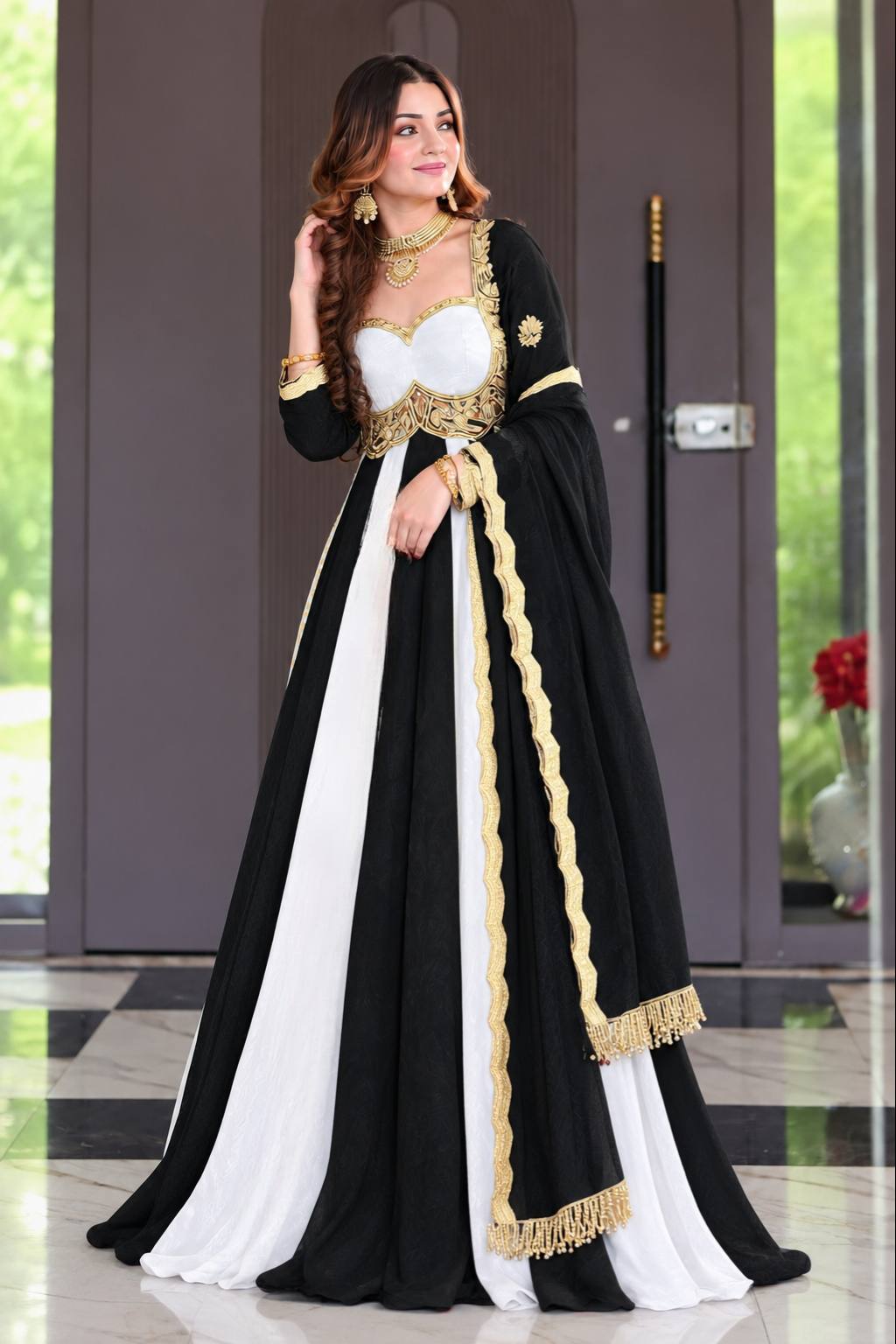 Noir Royale And White Embroidered Anarkali Suit Set