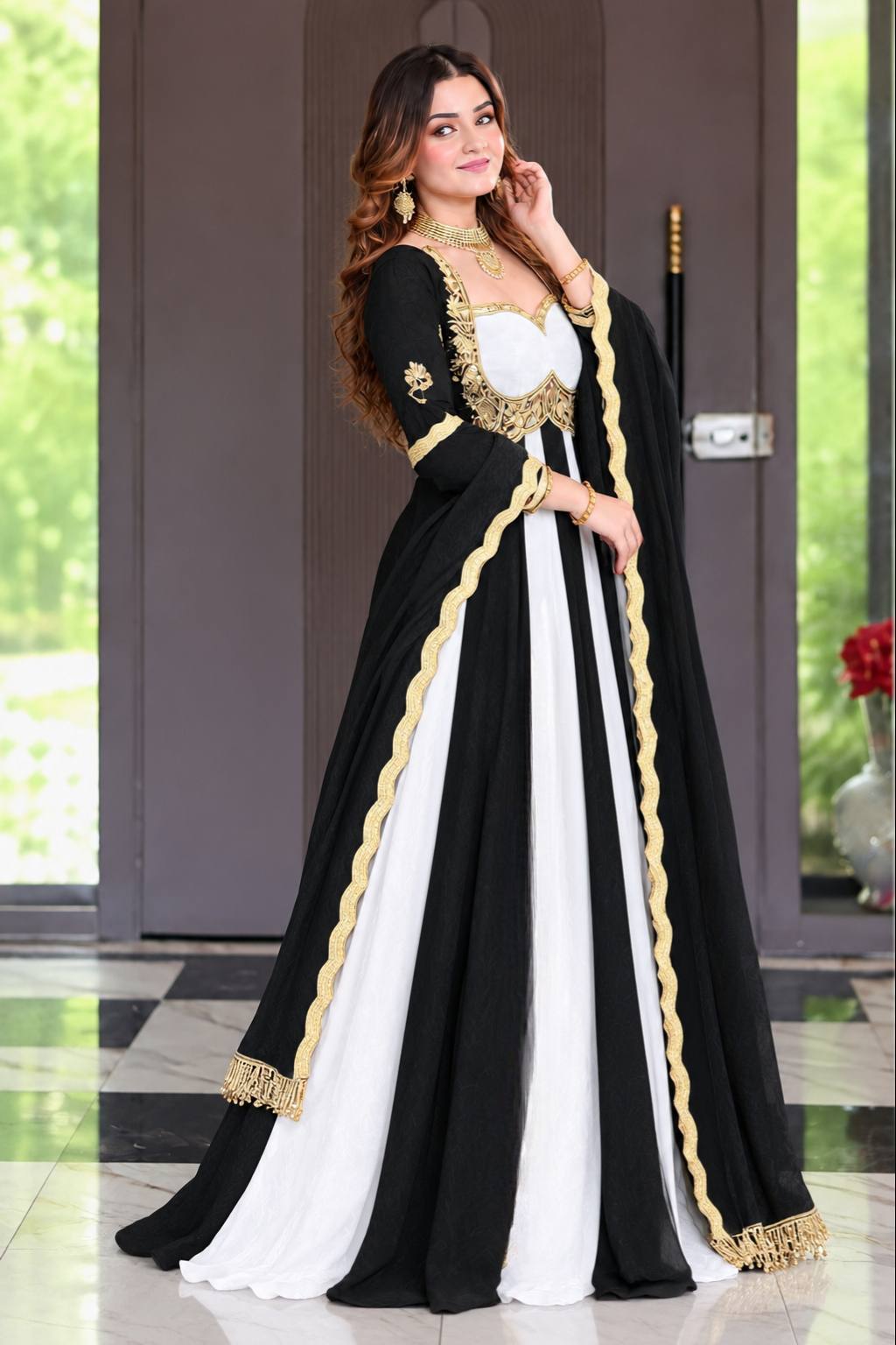 Noir Royale And White Embroidered Anarkali Suit Set