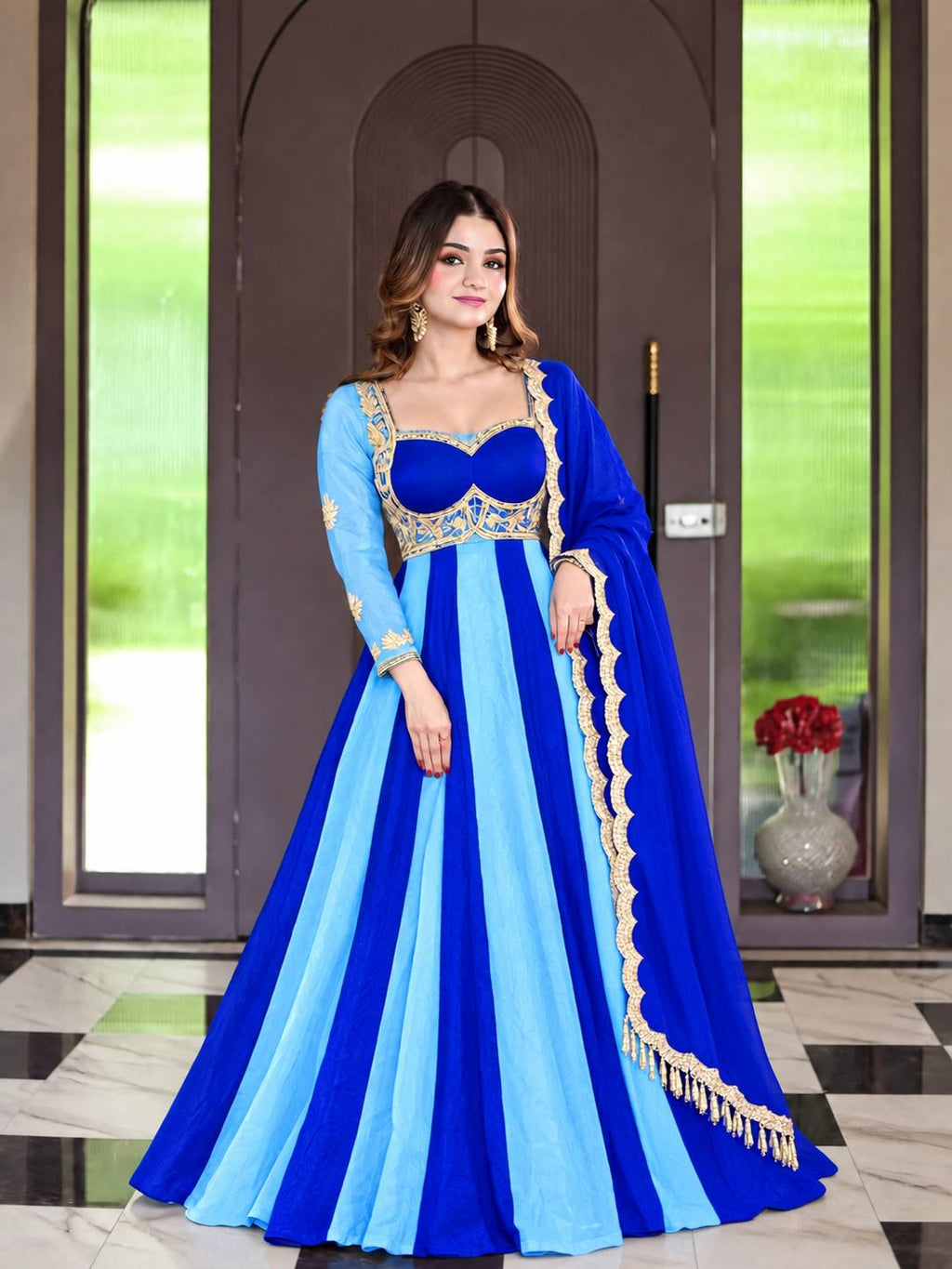 Blue Royale And Sky Blue Anarkali Suit Set