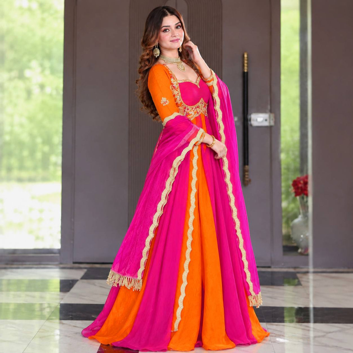 Royal Pink & Orange Anarkali Suit Set