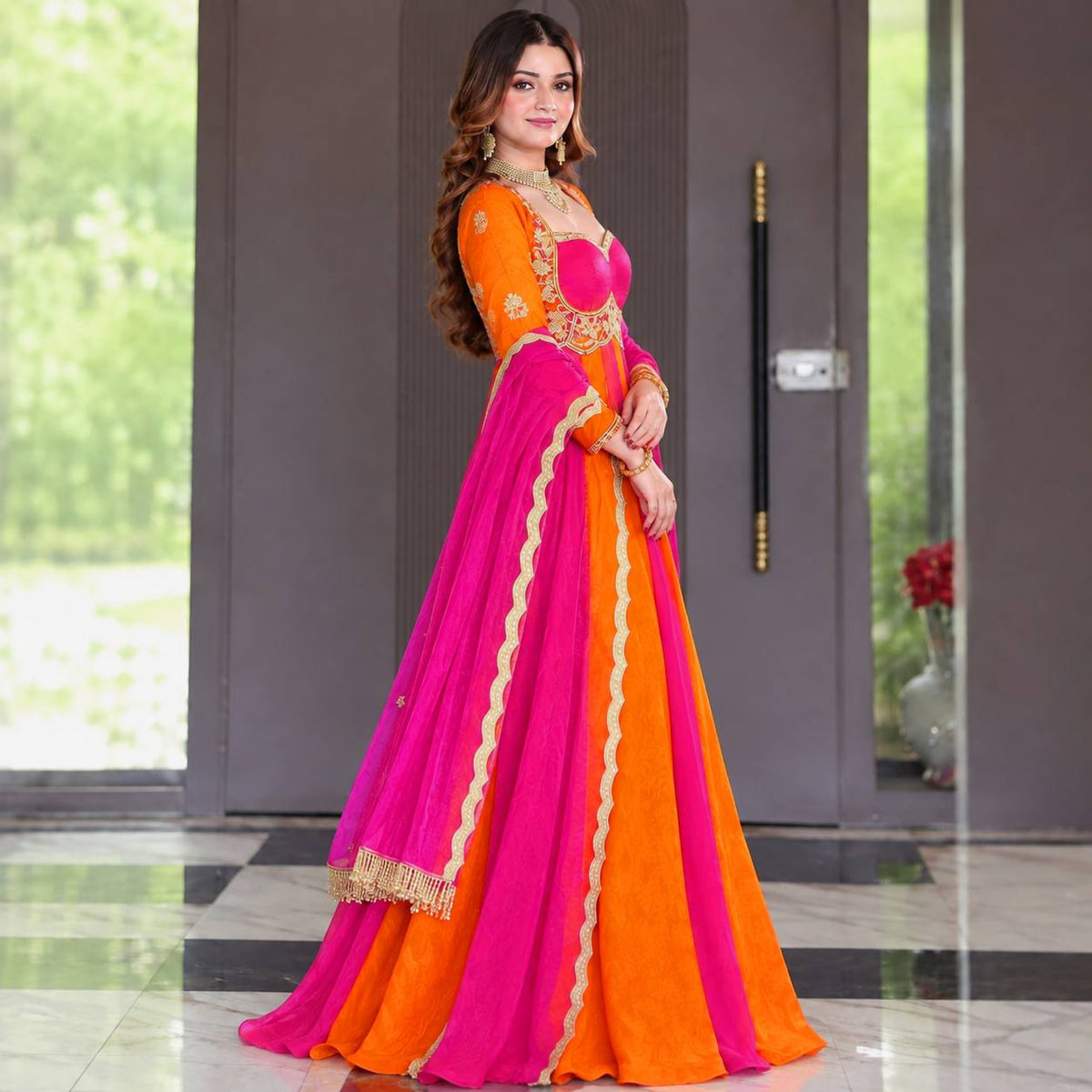 Royal Pink & Orange Anarkali Suit Set