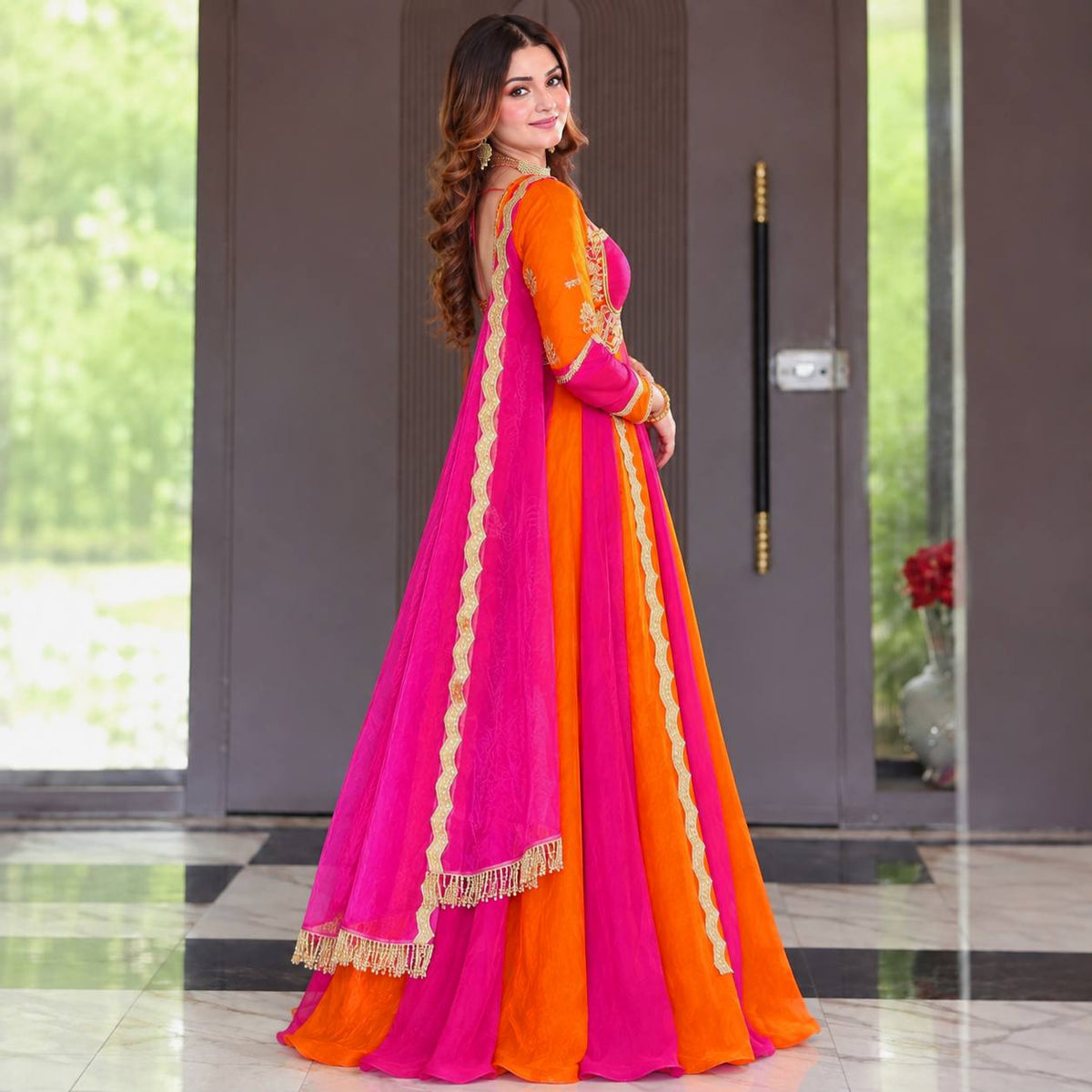Royal Pink & Orange Anarkali Suit Set