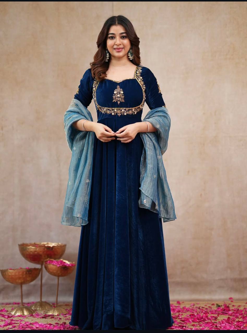 Royal Navy Blue Velvet Anarkali Suit Set