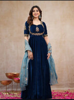 Royal Navy Blue Velvet Anarkali Suit Set